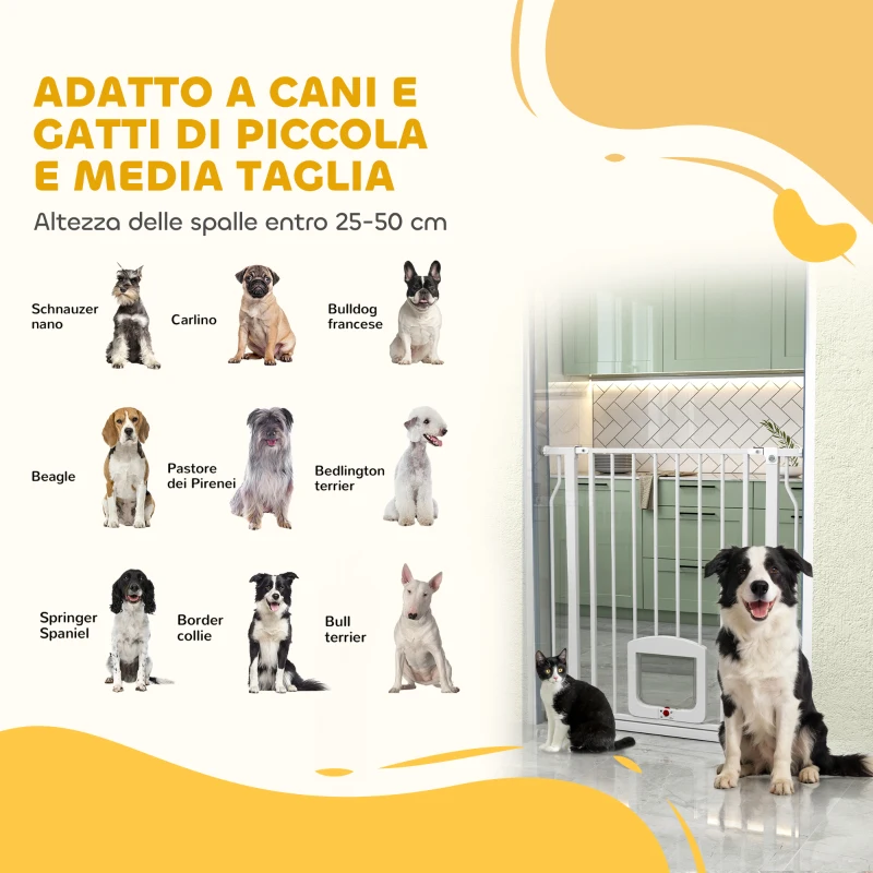 PawHut Cancello per Cani e Gatti Estensibile con Gattaiola Integrata, in Acciaio e ABS, 75-85x2x76 cm, Bianco