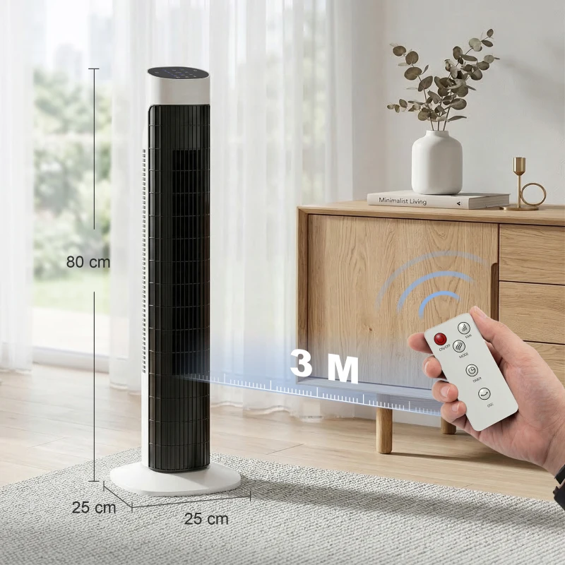 HOMCOM Ventoinha de Torre Ventoinha de Pé Silencioso com Controlo Remoto 3 Velocidades 3 Modos Temporizador 7,5H Oscilação 70° 25x25x80 cm Branco e Preto