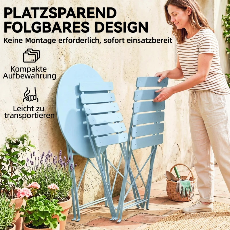 Outsunny 3-teiliges Garten Bistro Set Klappbar Bistrotisch mit 2 Stühlen Lamellen-Sitz Doppelt X-Beine Hellblau