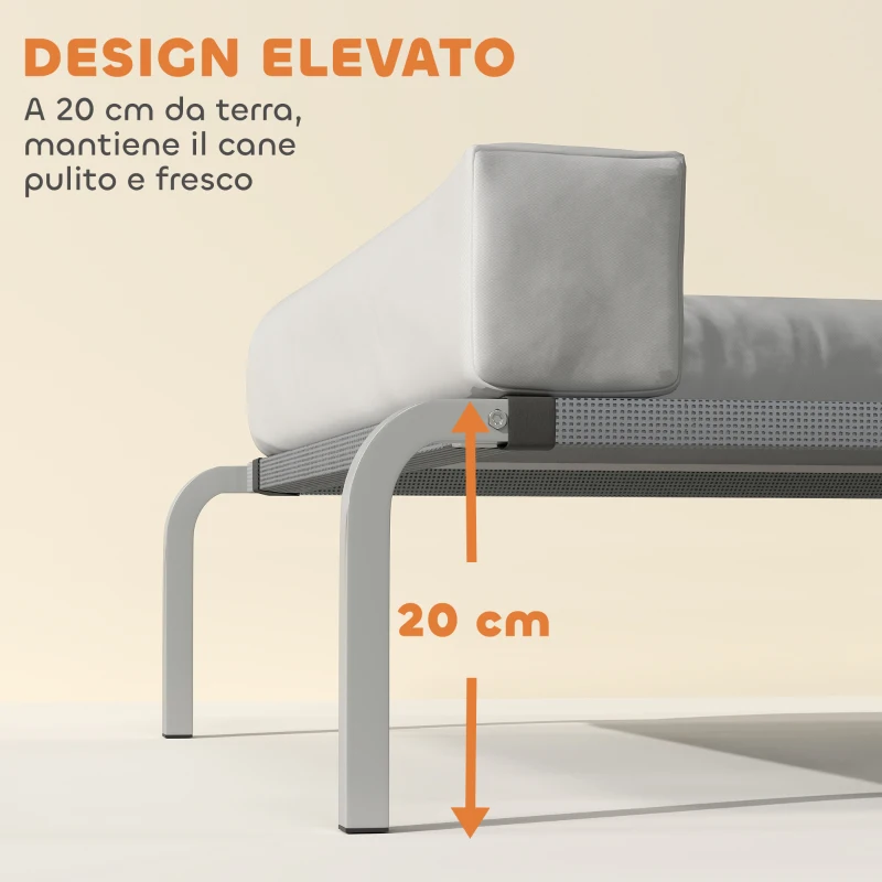 PawHut Lettino per Cani Rialzato di 20 cm con Cuscino a L, in Poliestere e Acciaio, 110x75x30 cm, Grigio e Argento