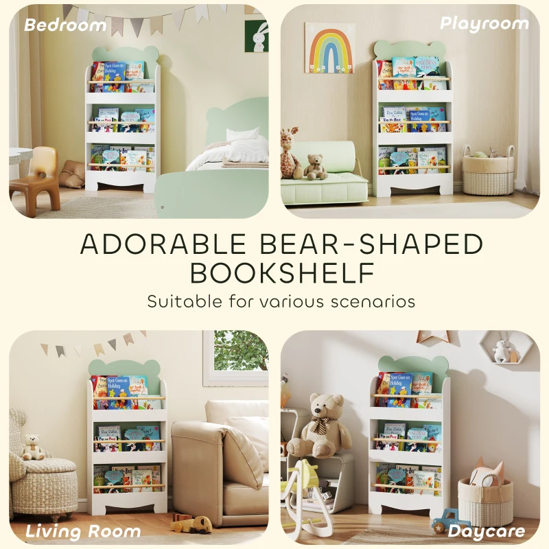 AIYAPLAY Regał na książki dla dzieci, 3-poziomowy regał z motywem misia do książek i zabawek, 55 x 15 x 110 cm, zielony