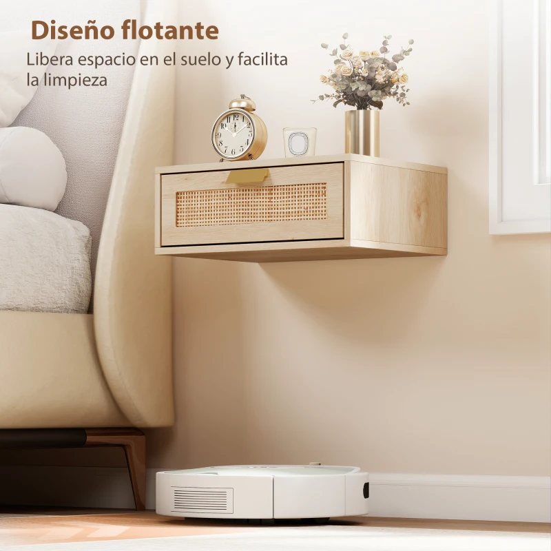 HOMCOM Juego de 2 Mesitas de Noche Flotantes con Cajón de Ratán Ahorra Espacio Diseño Moderno 40x30x15 cm Natural
