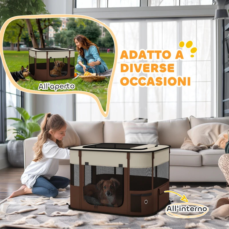 PawHut Box per Animali con 6 Finestre, 3 Porte e 2 Borse Portaoggetti, Poliestere e Acciaio, 74x60x45 cm, Marrone