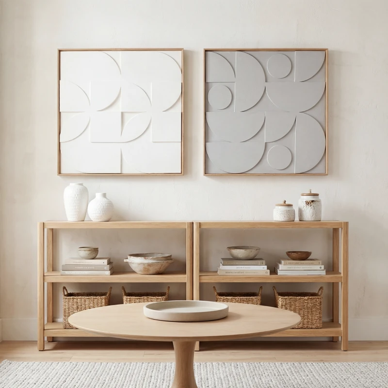 HOMCOM Lot de 2 tableaux abstraits 3D, décoration murale en bois géométrique, pour salon, chambre, bureau, 80 x 80 cm, blanc