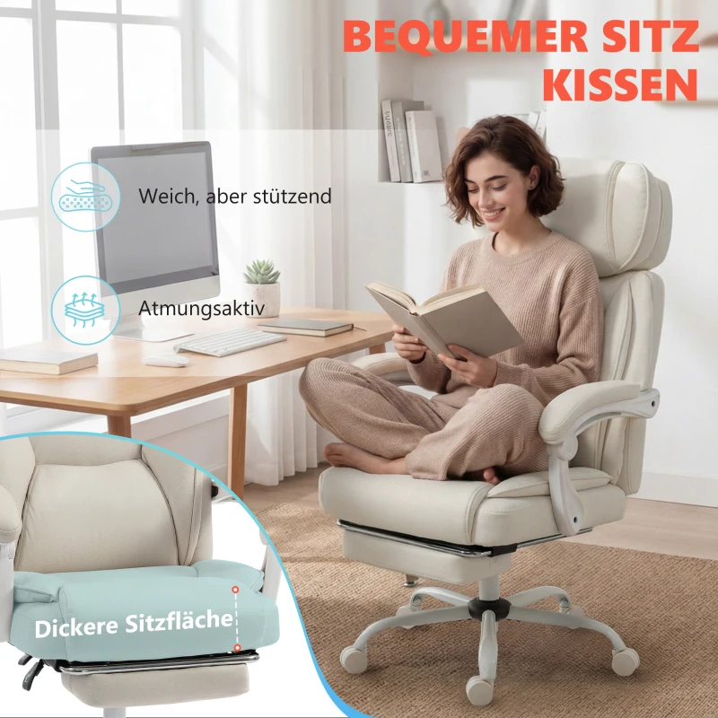 HOMCOM Hochlehner-Bürostuhl mit Vibrationsmassage und Heizung, ergonomisch, neigbar, mit Fußstütze, Cremeweiß