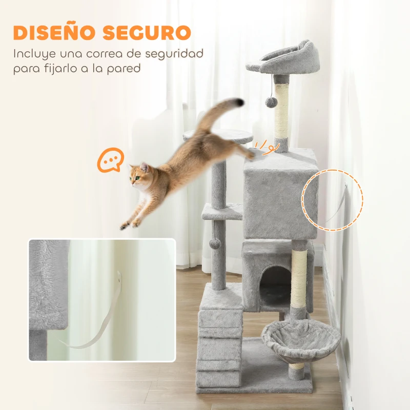 PawHut Árbol Rascador para Gatos 160 cm con Plataformas Cama 2 Cuevas Hamaca Escalera Postes de Sisal Gris Claro