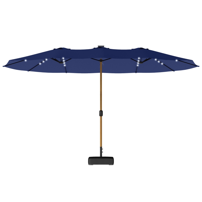 Outsunny Double Sided Garden Parasol with Base Included & 48 Solar LED Lights Patio Umbrella Crank Handle 4.6m Dark Blue