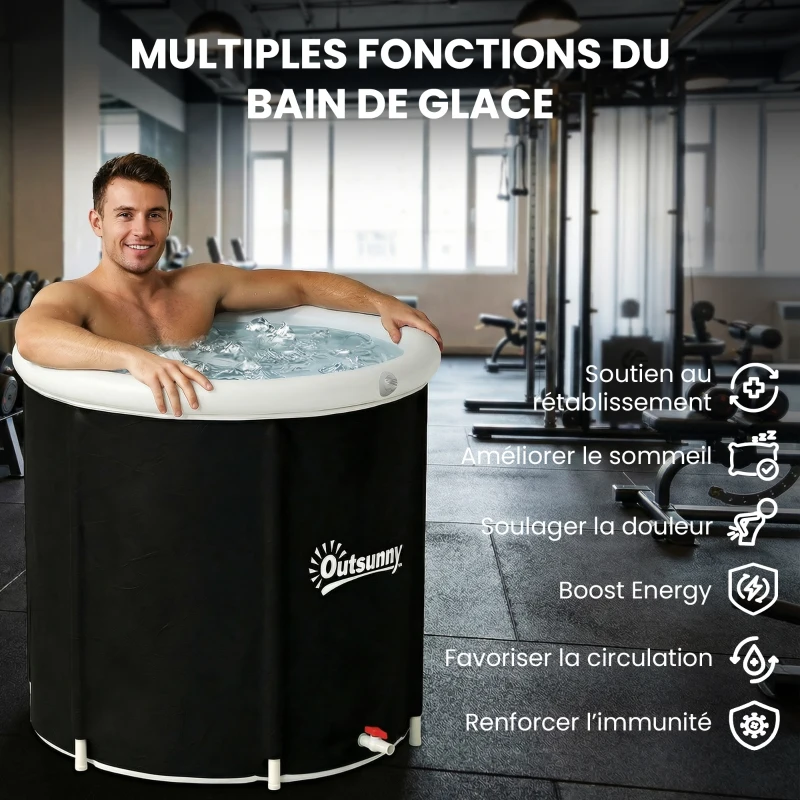 Outsunny Baignoire à Glace Pliable Gonflable 280 L avec Couvercle et Pompe pour Entraînement à l'Eau Froide, 78x78x71 cm, Noir