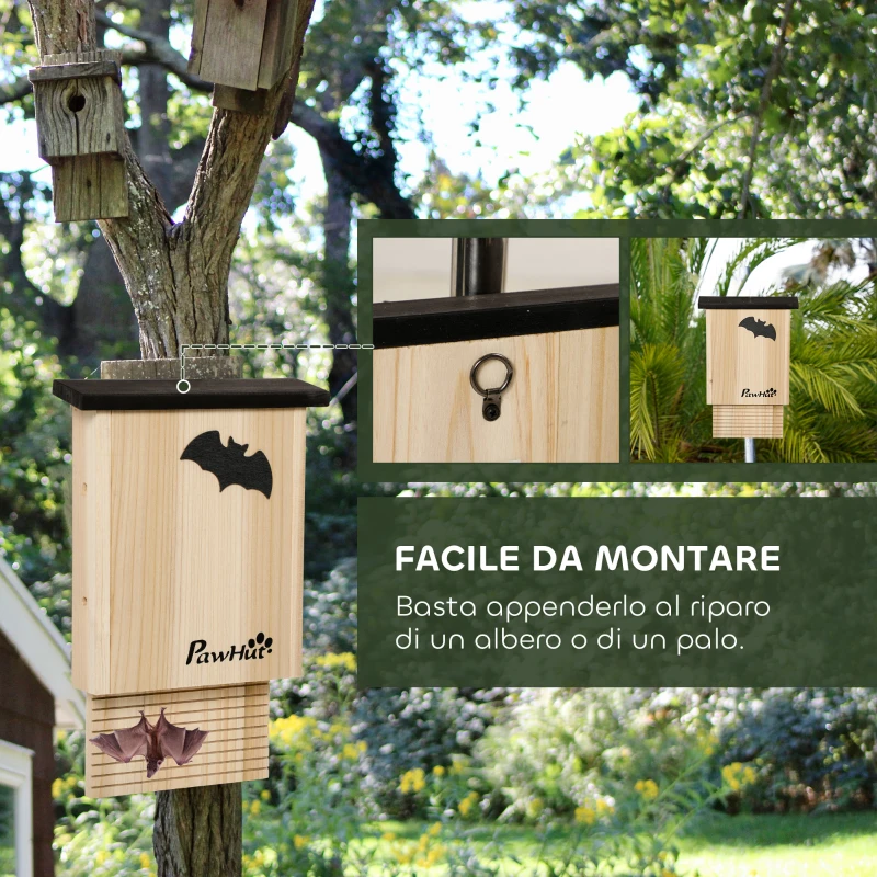 PawHut Set di 3 Casette per Pipistrelli in Legno di Abete per Esterni, 25x6x37.5 cm, Legno Naturale