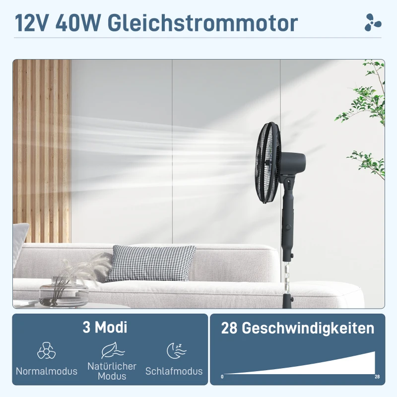 HOMCOM Standventilator leise mit Fernbedienung, 3 Modi, 28 Geschwindigkeiten, Mückenschutz & Oszillation, Schwarz