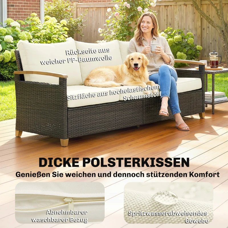 Outsunny Rattan Sofa mit Kissen, 3-Sitzer Gartensofa Loungesofa mit Stahlrahmen für Terrasse Garten 192 x 74 x 79 cm Cremeweiß