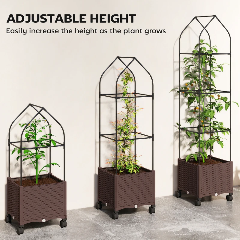 Outsunny Raised Garden Bed with Trellis, Tomato Cage with Lockable Wheels, Self Watering Planter Box with Drainage Holes, Brown