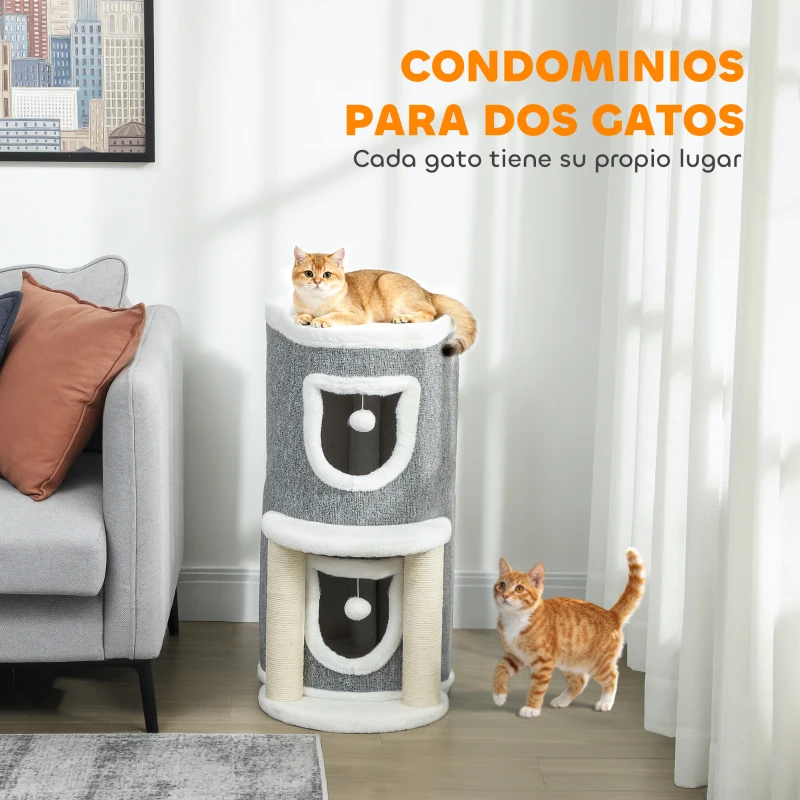 PawHut Árbol Rascador para Gatos Árbol para Gatos 76 cm con Cama 2 Cuevas Postes de Sisal Alfombra Bolas para Jugar Gris
