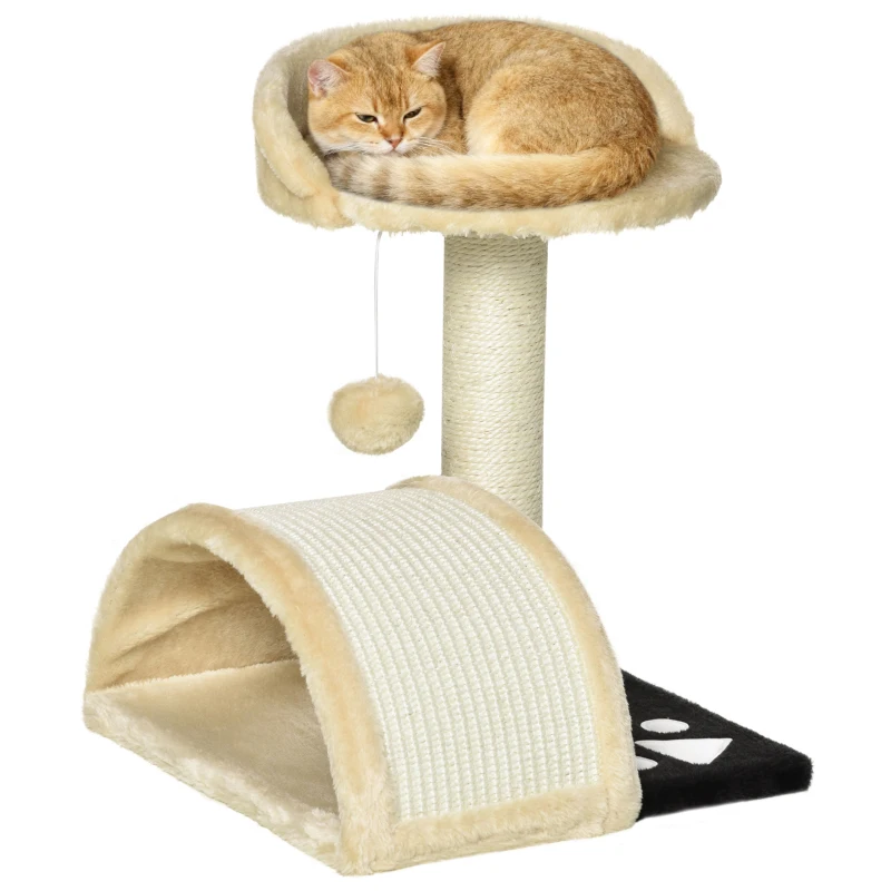 PawHut Árbol Rascador para Gatos Pequeños Altura 46 cm de 2 Niveles Árbol para Gatos con Poste Tablero para Rascar Plataformas y Juguete de Bola Colgante 35,5x37x46 cm Beige