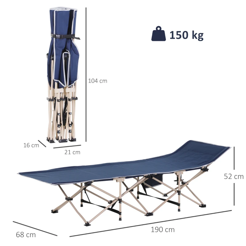 Outsunny Lit de camping pliable, lit de camp cadre en acier sac de transport charge max. 150 kg 190 x 68 x 52 cm bleu foncé