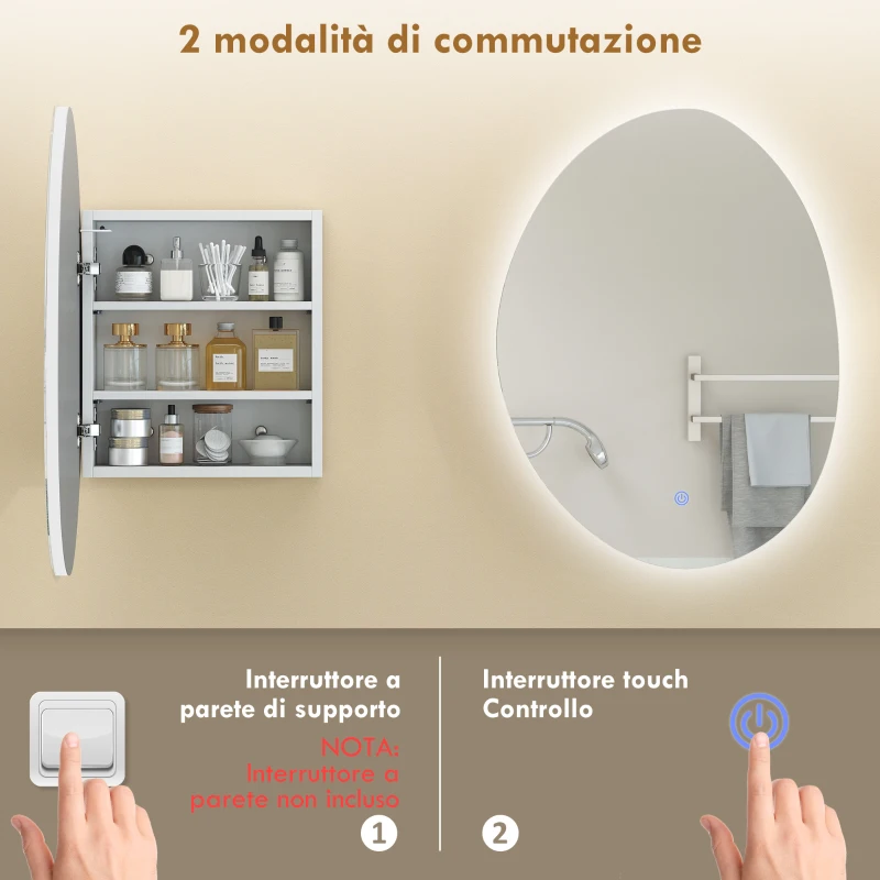 HOMCOM Armadietto Bagno LED, Anti-Appannamento, Illuminazione Dimmerabile 3 Colori, Bianco, da Parete