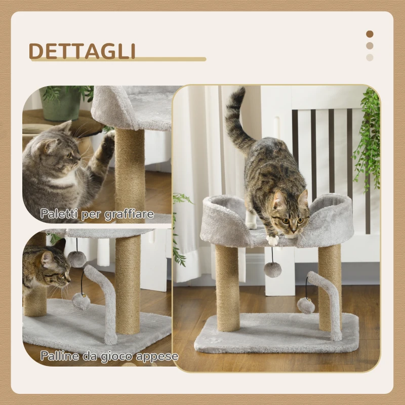 PawHut Albero per Gatti con Tiragraffi in Juta, Lettino e Palline, 48x38x42 cm, Grigio