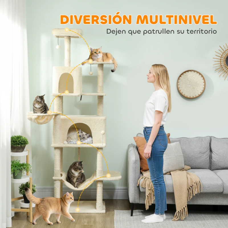 PawHut Árbol Rascador para Gatos con Plataforma Torre Escalador para Gatos con Cama Cuevas Postes de Sisal 60x48x202 cm Beige