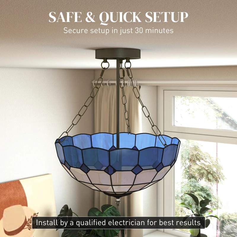 HOMCOM Tiffany Style Ceiling Light, Vintage Chandelier with 3 E27 Sockets, Semi Flush Mount for Living Room, Bulbs Not Included