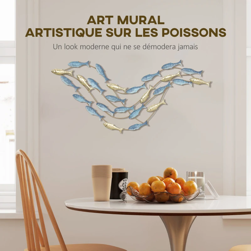 HOMCOM Décoration murale en métal moderne, sculpture murale en métal avec motif de poisson unique, 100 x 50 cm, bleu clair