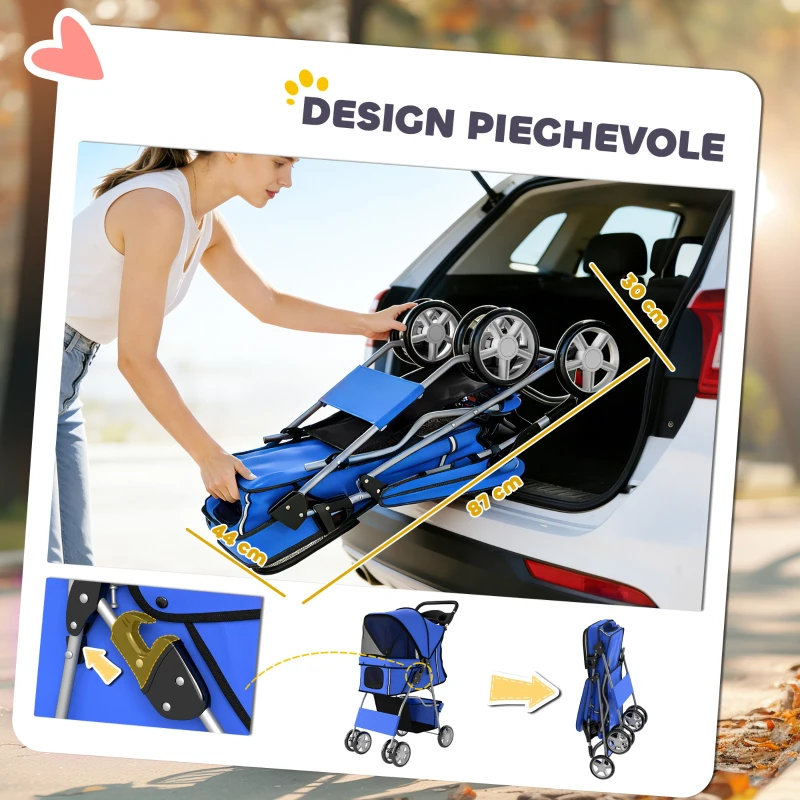 PawHut Passeggino per Cani Pieghevole con Copertura Antipioggia, Ruote Girevoli e Cuscino Lavabile, Blu