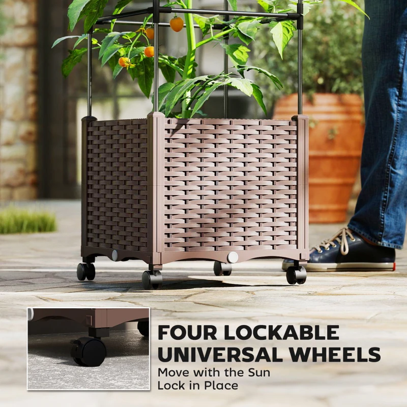 Outsunny Raised Garden Bed with Trellis, Tomato Cage with Lockable Wheels, Self Watering Planter Box with Drainage Holes, Brown