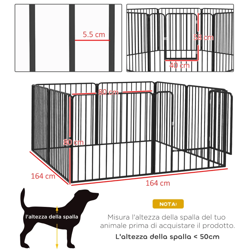 PawHut Box per Cani a 8 Pannelli Modulabili da Interno ed Esterno con 9 Picchetti, in Acciaio, 164x164x80 cm, Nero