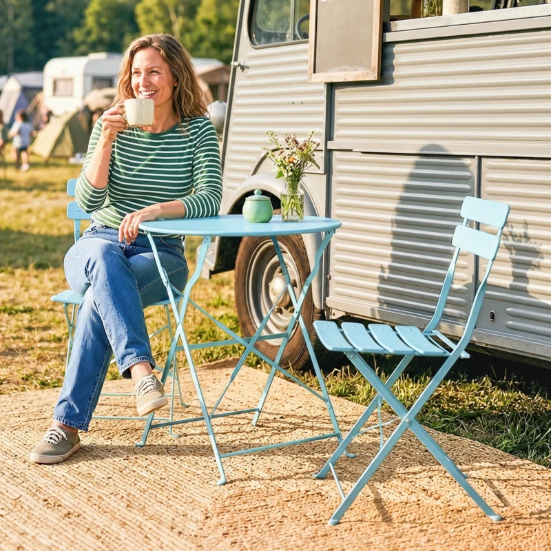 Outsunny 3-teiliges Garten Bistro Set Klappbar Bistrotisch mit 2 Stühlen Lamellen-Sitz Doppelt X-Beine Hellblau