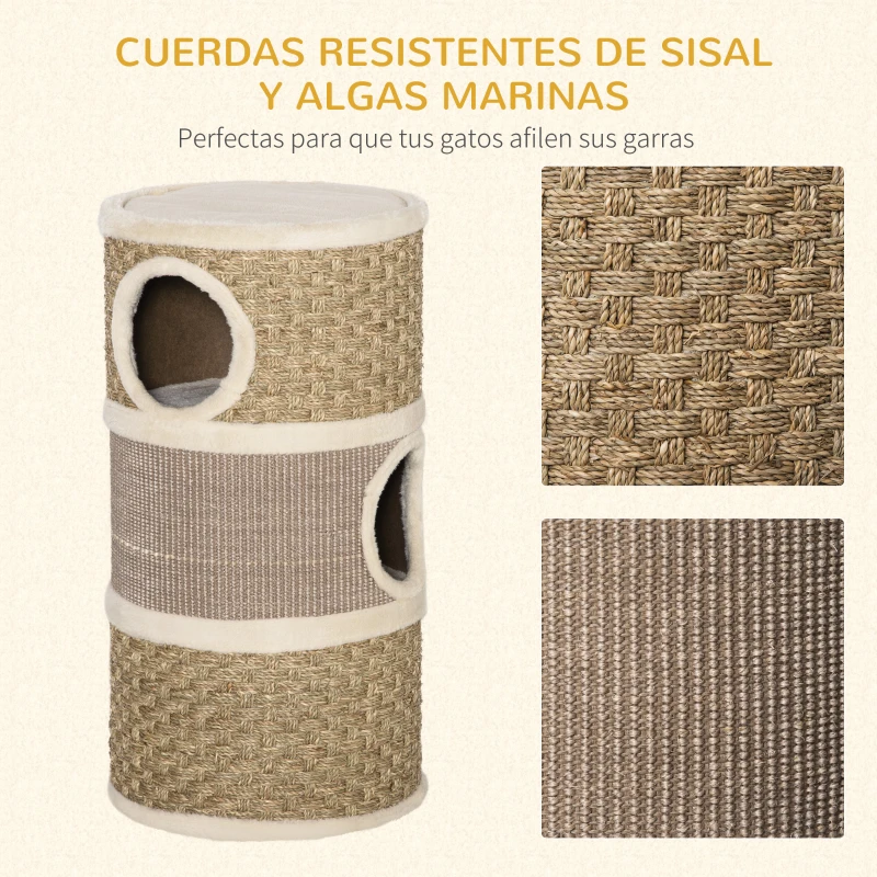 PawHut Tonel Rascador para Gatos con 3 Niveles Barril de Rascado con Plataforma Cama Cómoda Ø37,5x70 cm Marrón Claro y Beige