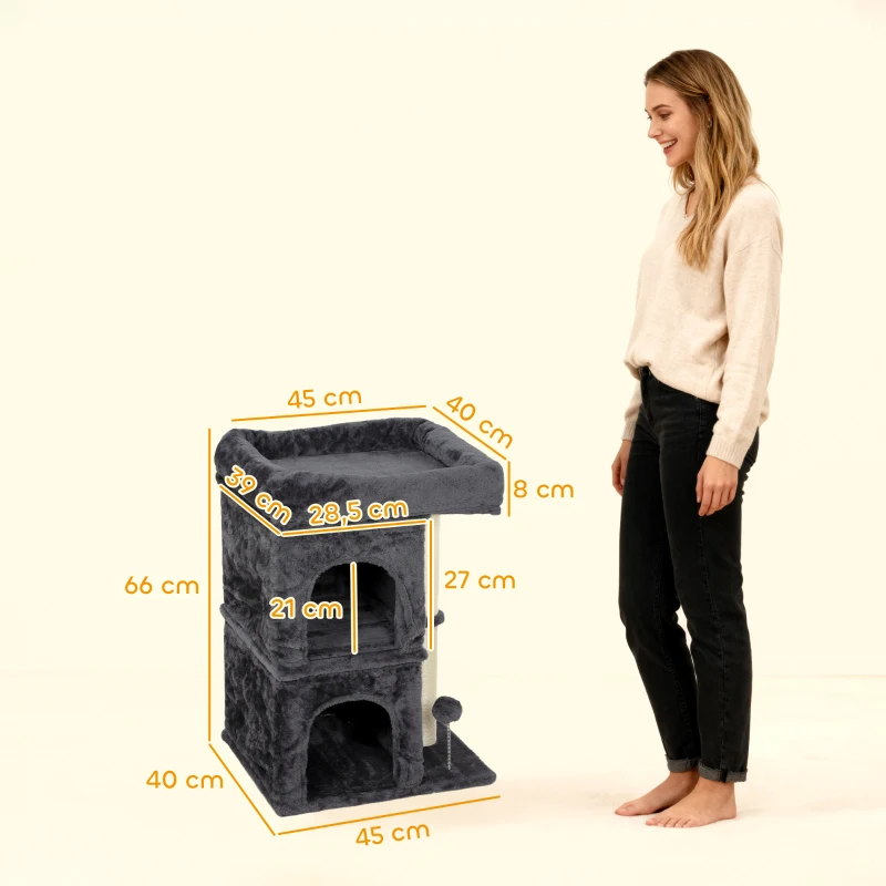 PawHut Árbol Rascador para Gatos Árbol para Gatos 66 cm con Cama 2 Cuevas Poste de Sisal Bola para Jugar Gris Oscuro