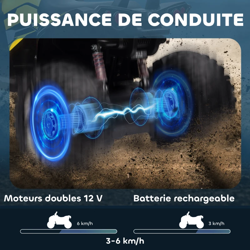 HOMCOM Quad Buggy électrique Enfant 12 V 8 Km/h Max. Voiture électrique Enfant avec Effets Lumineux sonores Selle avec Dossier Porte-Bagage Avant métal PP Jaune Noir(m-4)