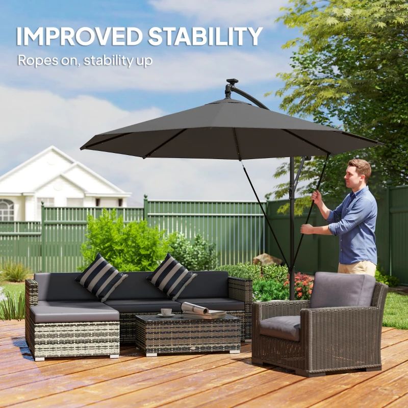 Outsunny 3 m Cantilever Parasol with Solar LED Lights Garden Umbrella with Cross Base, Black