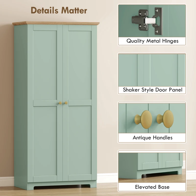 HOMCOM Kitchen Cupboard, 172cm Freestanding Storage Cabinet with Doors and Shelves, Light Green