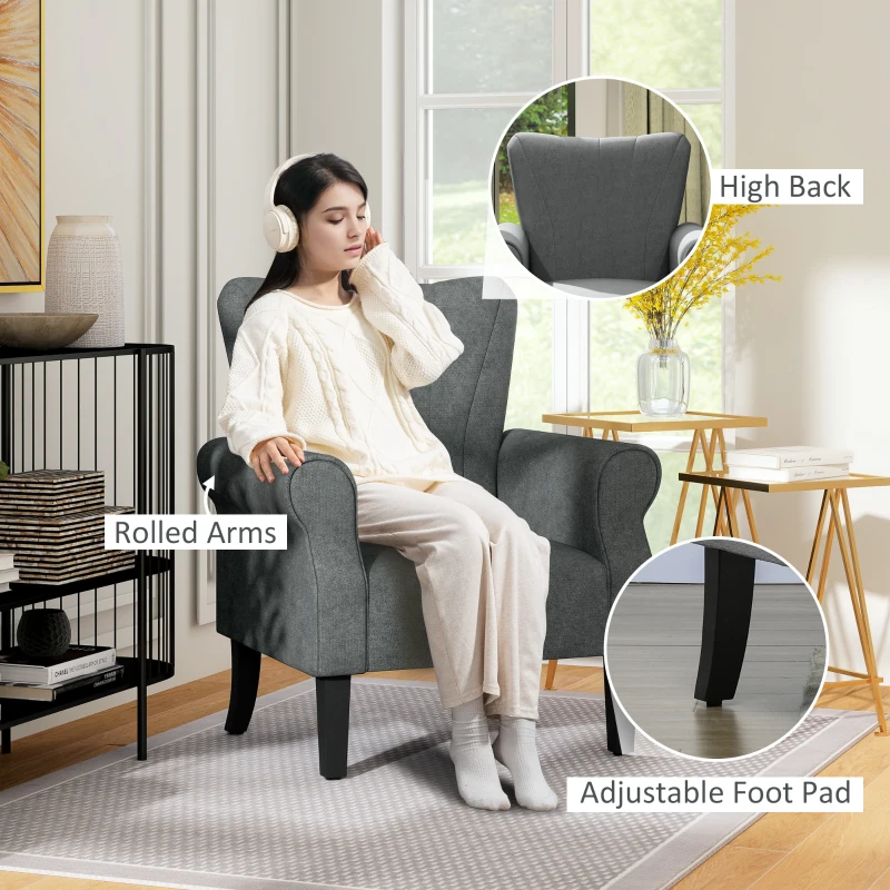 HOMCOM Upholstered Accent Chair with Rolled Arms and Wood Legs, Armchair for Living Room Bedroom, Grey