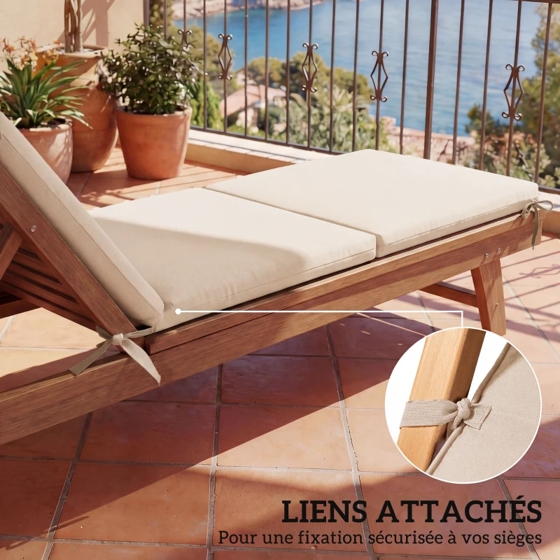 Outsunny Lot de 2 Coussins de Chaise Longue Bain de Soleil avec 6 Attaches, Résistance UV, 183x53,5x6,5cm, Crème