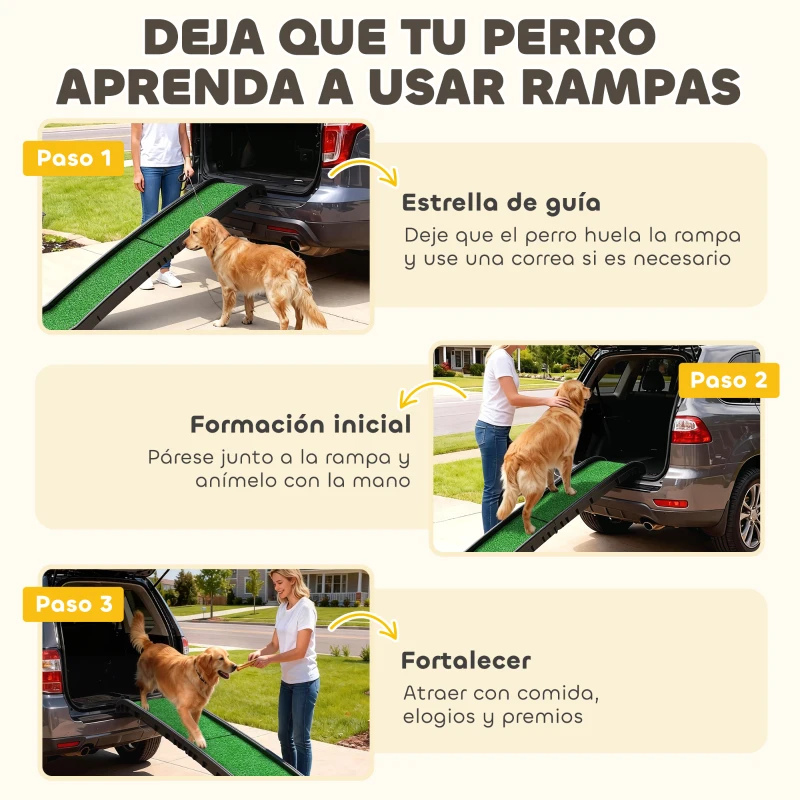 PawHut Rampa para Perros con Césped Artificial 155 cm Rampa para Perros para Coche Plegable con Asa Ángulo Ajustable Verde