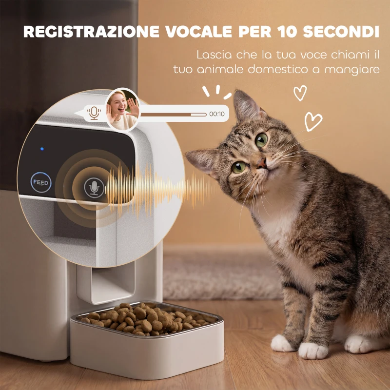 PawHut Distributore Automatico di Cibo per Gatti 4.5L con APP e Registratore Vocale