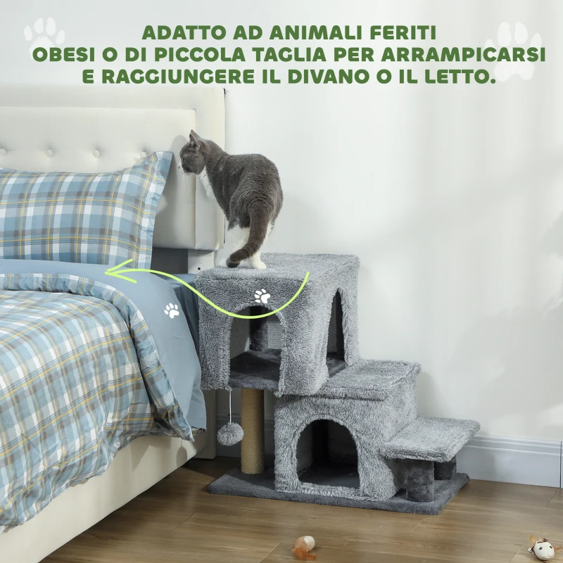 PawHut Scaletta per Gatti a 4 Gradini Regolabile in Altezza con 2 Casette, Palo Tiragraffi e Pallina, Grigio