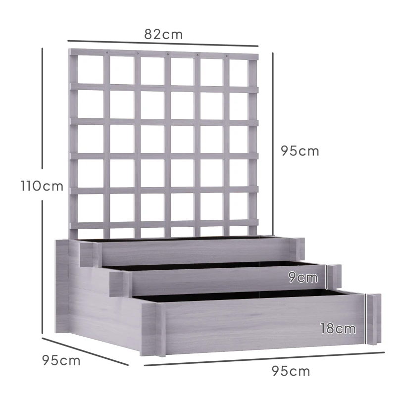 Outsunny 3 Tier Garden Planters with Trellis for Vine Climbing, Wooden Raised Beds, 95x95x110cm, Grey