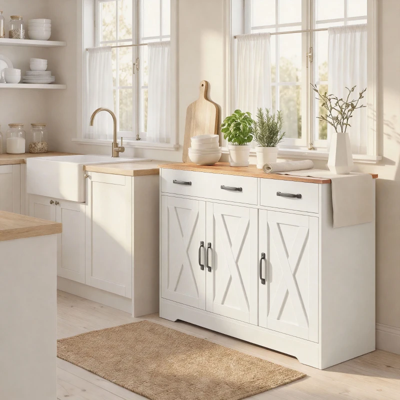 HOMCOM Buffet cuisine, meuble de rangement avec 3 portes de grange, 2 tiroirs et étagères réglables, 108 x 40 x 81 cm, blanc