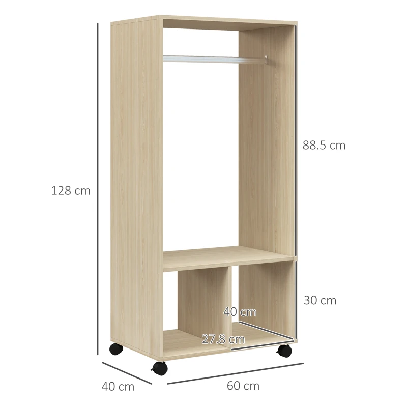 HOMCOM Open Wardrobe on Wheels, Bedroom Wardrobe with Clothes Hanging Rail, 2 Storage Shelves, Mobile Garment Rack for Cloakroom, Hallway, Natural