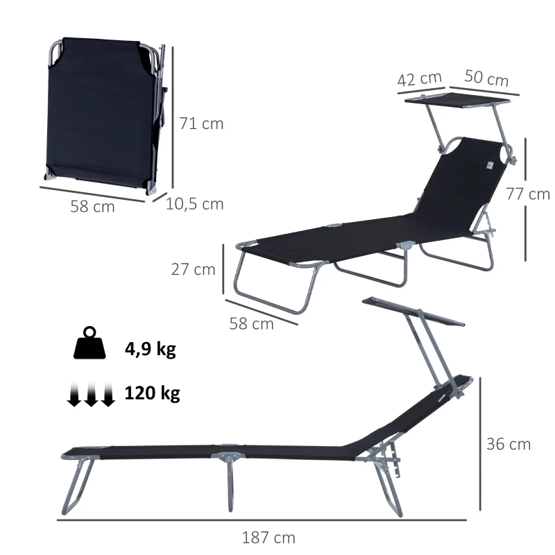 Outsunny Transat Bain de Soleil Pliable Chaise Longue Pliante Grand Confort Dossier Inclinable Multi-positions et Pare-Soleil réglable Dim. 187L x 58l x 36H cm Noir