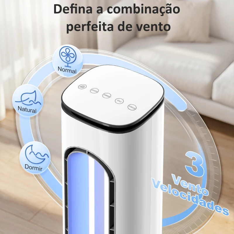HOMCOM Ventoinha de Torre sem Pás com Luzes LED Controlo Remoto 3 Velocidades 3 Modos Temporizador 15H Oscilação 50° Branco