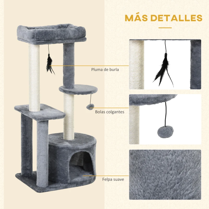 PawHut Rascador para Gatos con Postes de Sisal y Felpa Suave con Cama Cueva Plataformas Bola y Pluma 48x35x100 cm Gris y Beige