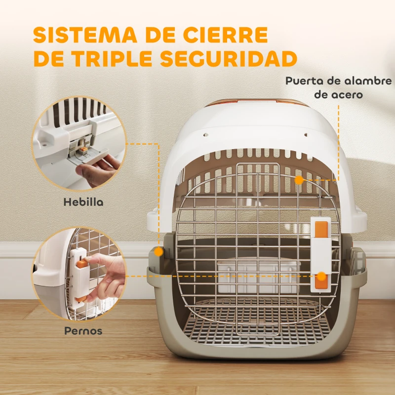 PawHut Transportín para Gatos Perros Pequeños de Plástico Carga 4 kg con Claraboya Cuenco Puerta de Acero Gris Claro