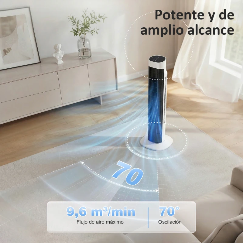 HOMCOM Ventilador de Torre Silencioso con Control Remoto 3 Velocidades 3 Modos Temporizador 7,5H Oscilación 70° Blanco y Negro