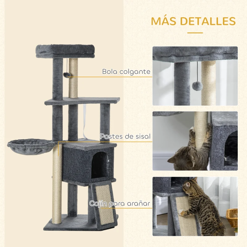 PawHut Árbol Rascador para Gatos Árbol para Gatos 127 cm con Cueva Hamaca Cama Plataformas Rampa de Sisal Bola Colgante Gris