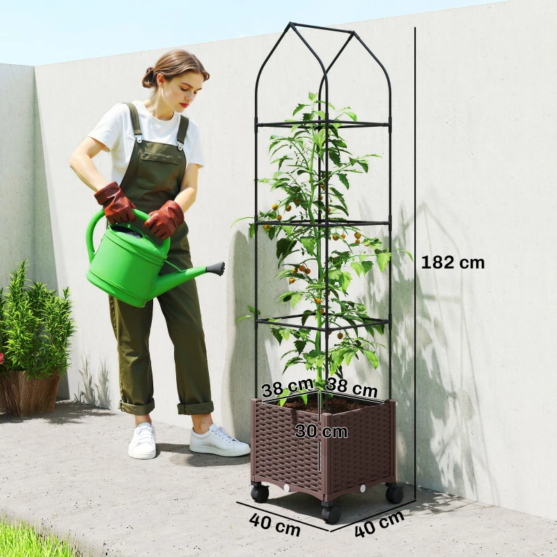 Outsunny Raised Garden Bed with Trellis, Tomato Cage with Lockable Wheels, Self Watering Planter Box with Drainage Holes, Brown