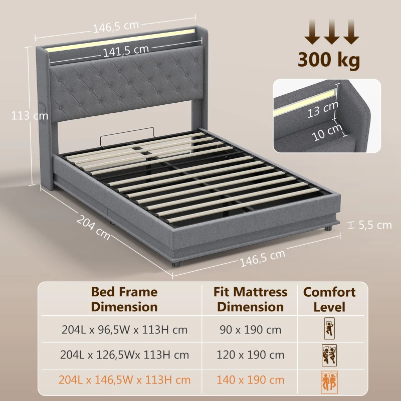 HOMCOM Letto contenitore 140x190 cm con LED e stazione ricarica, Grigio