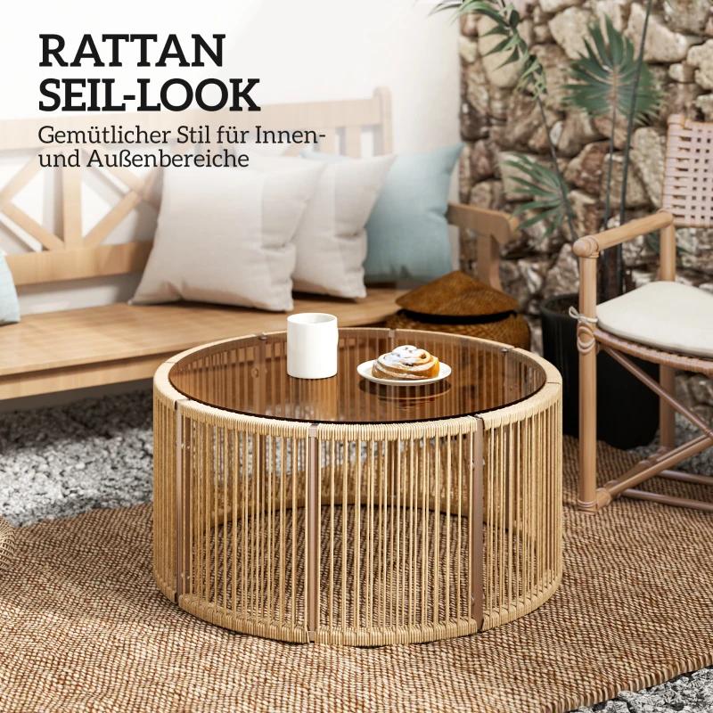 Outsunny Beistelltisch aus Polyrattan Kaffeetisch mit gehärteter Glasplatte Gartentisch mit Stahlrahmen 70 x 70 x 33 cm Braun